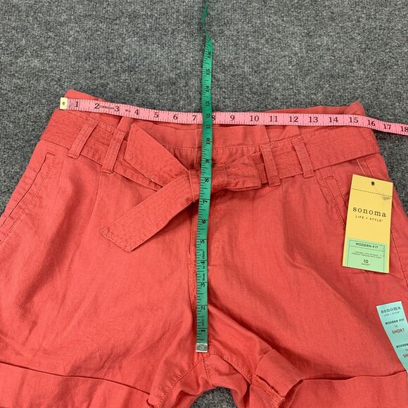 Sonoma Modern Fit Short Womens 10 Coral Solid Cuffed Linen Blend Belted Paperbag - Picture 4 of 9